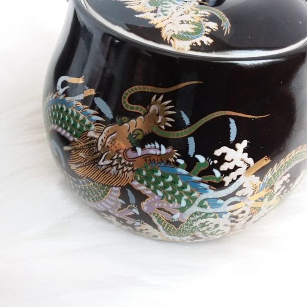 Side Handled 6 Piece Sake Tea Set Black Gold